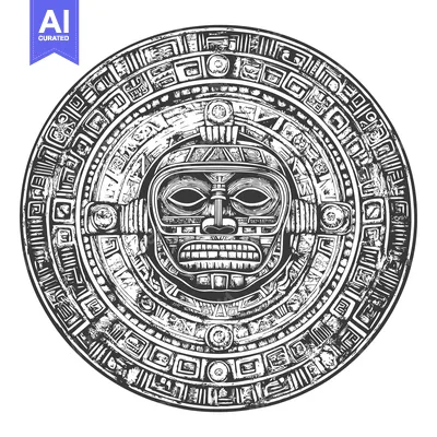 Aset desain premium: Ornate Circular Design with Central Mayan Mask