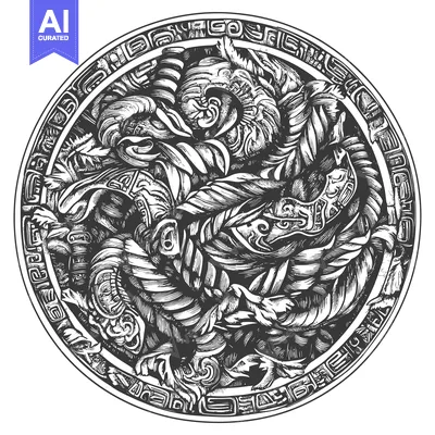 Aset premium populer: Ornate Circular Design with Intricate Patterns and Stylized Elements