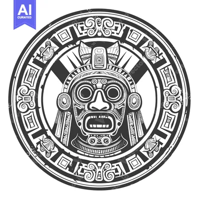 Aset desain premium: Ornate Circular Design with Mayan-Inspired Mask