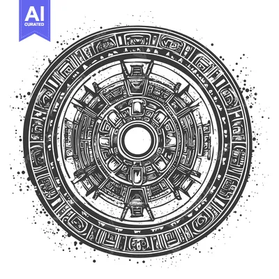 Ornate Circular Design with Mayan-Inspired Motifs and Symbols