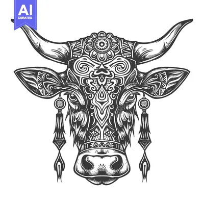 Ornate Cow Head with Floral and Geometric Patterns