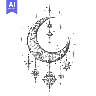 Ornate Crescent Moon with Hanging Mandala-Like Ornaments