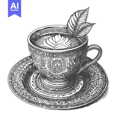 Ornate Cup and Saucer with Coffee and Leaves