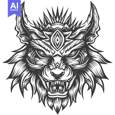 Aset premium populer: Ornate, detailed, and fierce, black and white wolf head with a third e