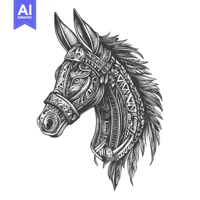 Aset premium populer: Ornate Detailed Black and White Donkey Head Illustration