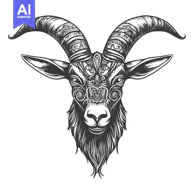 Aset desain premium: Ornate Detailed Black And White Goat Head Illustration
