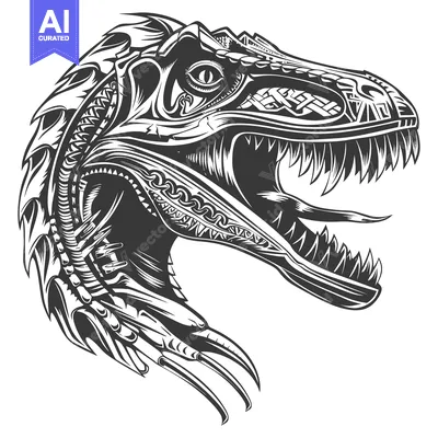 Aset desain premium: Ornate, detailed, black and white illustration of a dinosaur's head wi