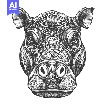 Premium design asset: Ornate Detailed Black and White Illustration of a Hippopotamus Head