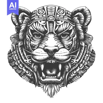 Aset premium populer: Ornate Detailed Black and White Tiger Head with Open Mouth