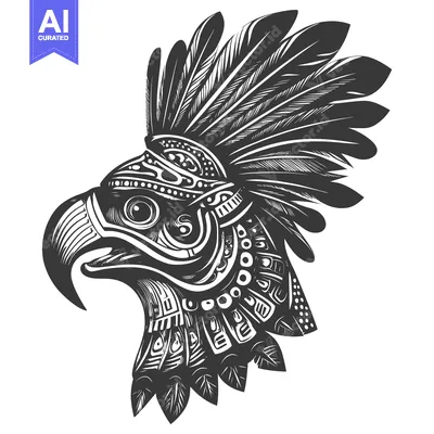 Ornate Eagle Head with Feathered Headdress and Geometric Pattern