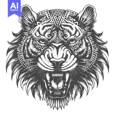 Ornate, Ferocious Tiger Head with Geometric Patterns