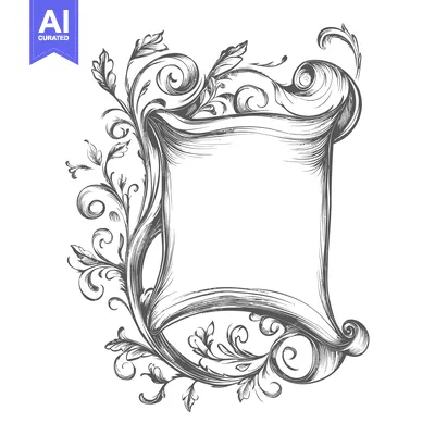 Aset desain premium: Ornate Floral Frame with Scrollwork and Blank Banner