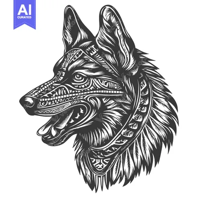 Ornate German Shepherd Dog Head with Tribal Tattoo Design