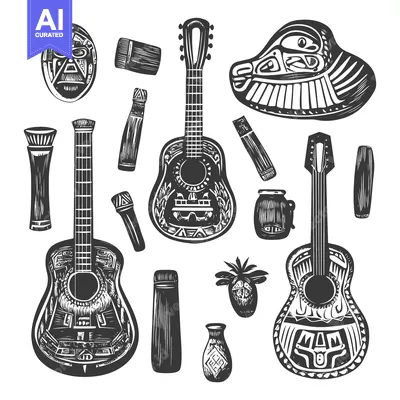Aset desain premium: Ornate, Hand-Drawn, Black and White Illustration of Guitars and Other