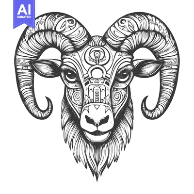 Aset premium populer: Ornate Hand-Drawn Illustration of a Ram's Head with Detailed Horns