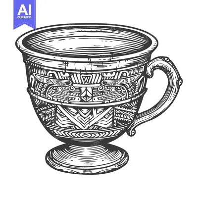 Aset desain premium: Ornate, Hand-Drawn, Ornamental, Black-and-White Cup
