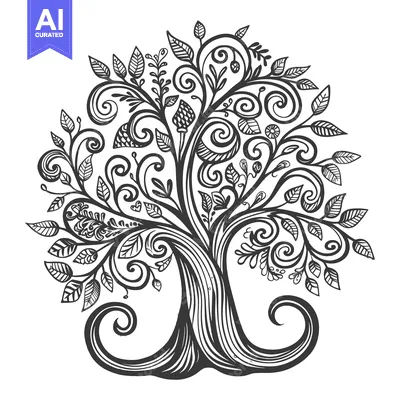 Aset desain premium: Ornate Hand-Drawn Tree with Swirls and Leaves