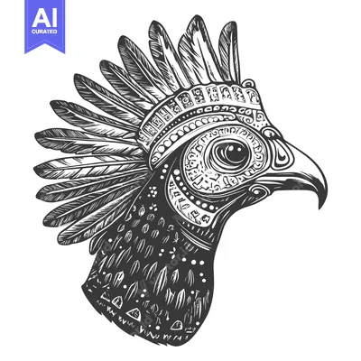 Premium design asset: Ornate Headdress and Bird's Head in Black and White