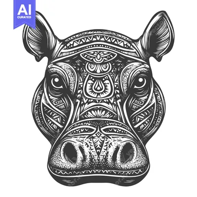 Aset desain premium: Ornate Hippopotamus Head with Detailed Geometric Pattern