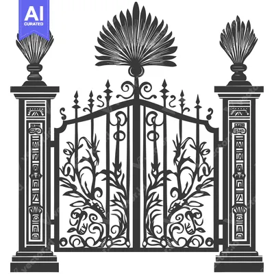 Ornate Iron Gate with Palm Tree Top and Pillars