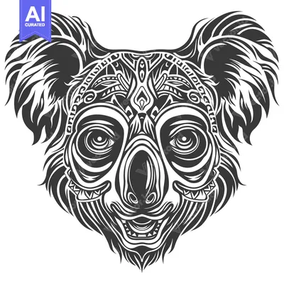 Aset desain premium: Ornate Koala Face with Detailed Fur and Geometric Patterns