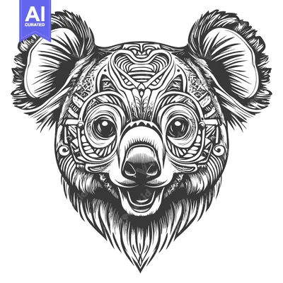 Premium design asset: Ornate Koala with Glasses in Black and White Illustration