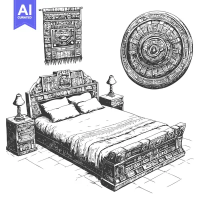 Aset premium populer: Ornate Mayan-Style Bedroom Interior with Carved Bed and Decorative Wal