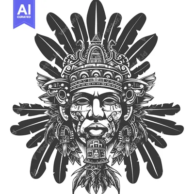 Aset desain premium: Ornate Native American Mask Surrounded by Feathers