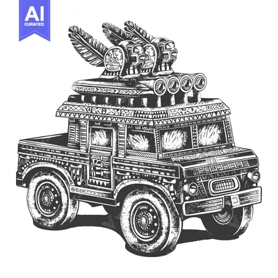 Aset desain premium: Ornate Off-Road Truck with Feathered Topped Mayan-Inspired Decorations