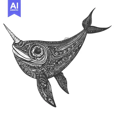 Ornate Patterned Narwhal with a Single Tusk and Fin