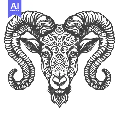 Aset premium populer: Ornate Ram Head with Curled Horns and Intricate Pattern
