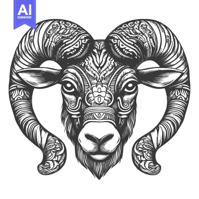 Aset desain premium: Ornate Ram Head with Detailed Curled Horns