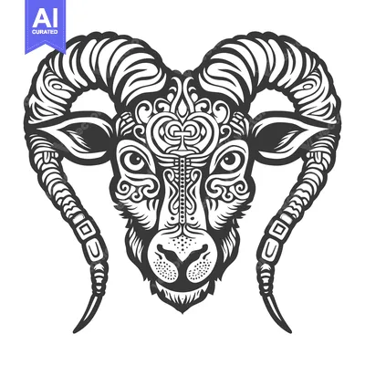 Aset desain premium: Ornate Ram Head with Detailed Curls and Swirls