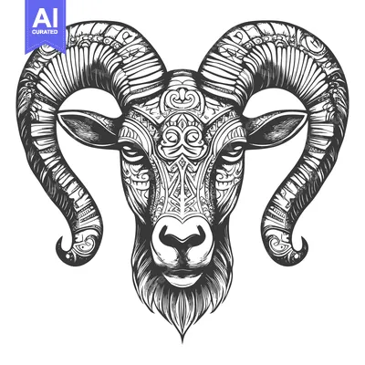 Premium design asset: Ornate Ram Head with Detailed Horns and Facial Features