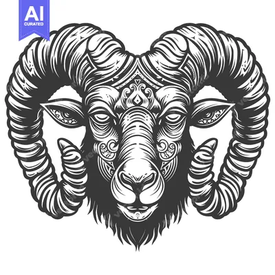 Premium design asset: Ornate Ram Head with Detailed Horns and Facial Features