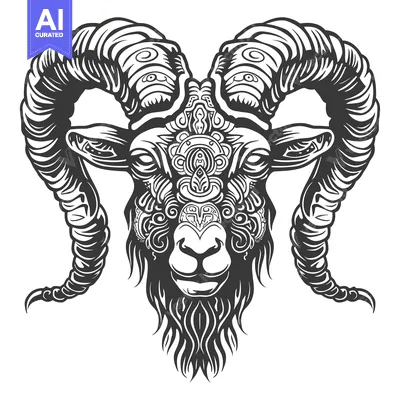Ornate Ram Head with Spiraling Horns and Intricate Facial Detail