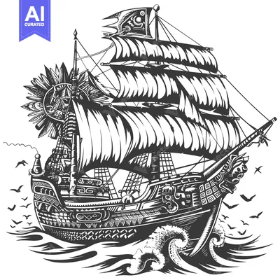 Aset desain premium: Ornate Sailing Ship With Sun and Birds in Black and White
