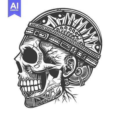 Aset desain premium: Ornate Skull in Profile with Geometric Headwear