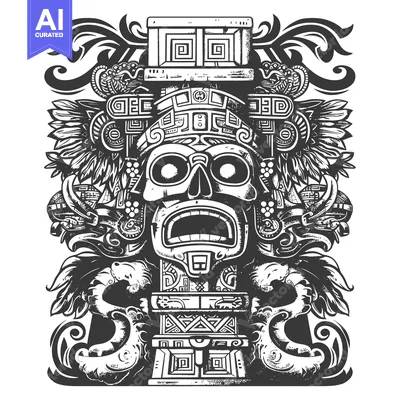 Aset desain premium: Ornate Skull with Feathers and Geometric Patterns