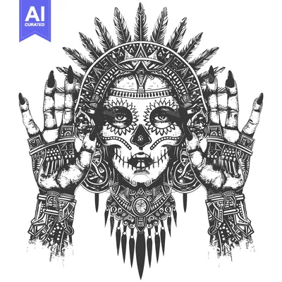 Premium design asset: Ornate Skull with Feathers and Raised Hands