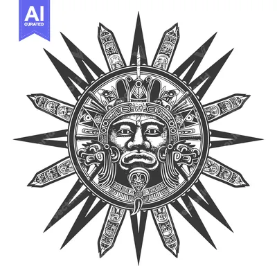 Premium design asset: Ornate Sun with Mayan-Style Face and Feathers