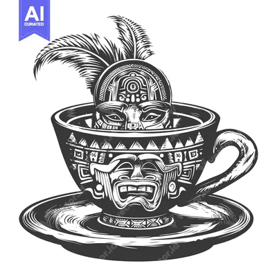 Aset desain premium: Ornate Teacup with Mayan-Style Mask Inside