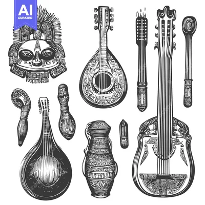 Aset desain premium: Ornate Traditional Instruments and Mask