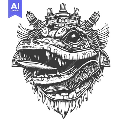 Ornate Tribal Aztec-Inspired Creature Head with Fangs and Wings