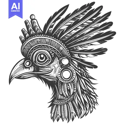 Aset desain premium: Ornate Tribal Bird Head with Feathers and Geometric Patterns