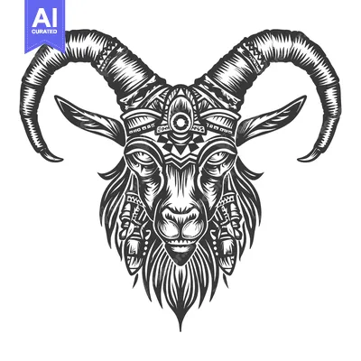 Premium design asset: Ornate Tribal Goat Head with Curved Horns and Geometric Patterns