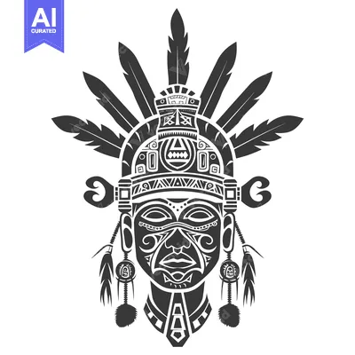 Aset desain premium: Ornate Tribal Mask with Feathers and Geometric Patterns