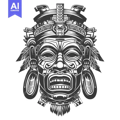 Aset desain premium: Ornate Tribal Mask with Feathers and Geometric Patterns