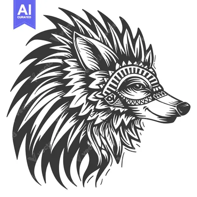 Ornate Wolf Head with Elaborate Feathers and Tribal Design