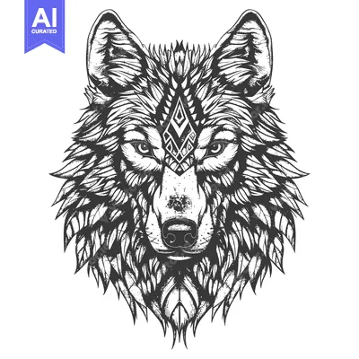 Aset premium populer: Ornate Wolf Head with Geometric Symbol on Forehead